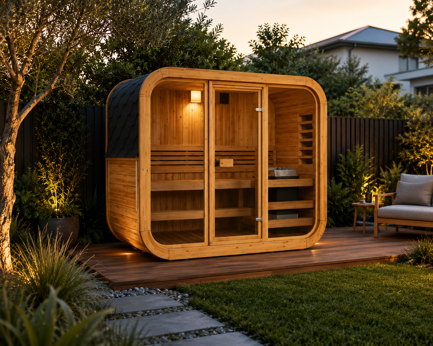 A Still Heat rectangular Canadian Red Cedar outdoor sauna installed on a timber deck in a landscaped Melbourne backyard at golden hour