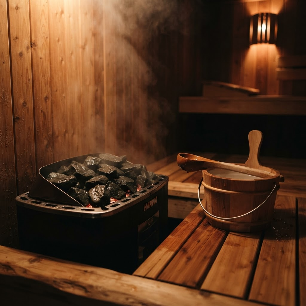 Finnish Harvia heater with sauna stones and a cedar water ladle inside a Still Heat sauna