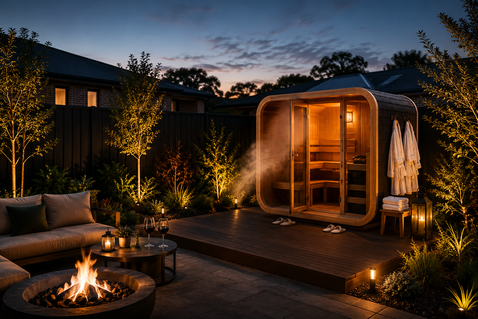 Still Heat cedar sauna glowing at dusk in a landscaped Melbourne backyard