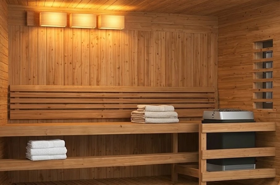 Sauna interior with timber bench seating, wall lights, and heater